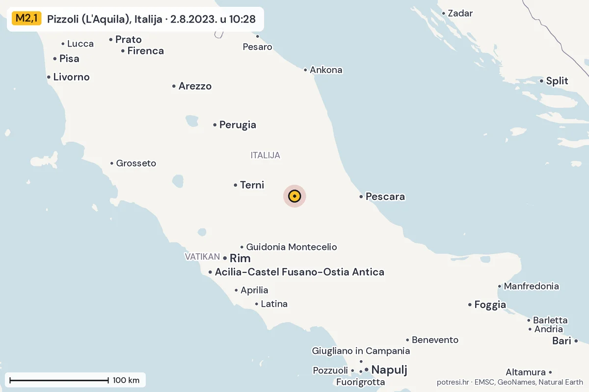 Karta: šire područje, 600 km, potres M2,1, Pizzoli (L'Aquila), Italija, 2.8.2023.