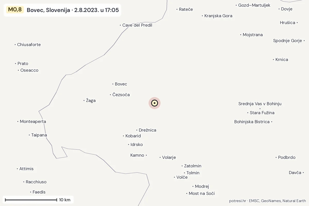Karta: okolica epicentra, 60 km, potres M0,8, Bovec, Slovenija, 2.8.2023.