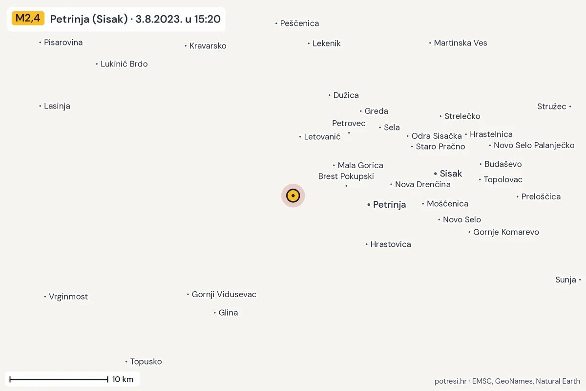 Karta: okolica epicentra, 60 km, potres M2,4, Petrinja (Sisak), 3.8.2023.