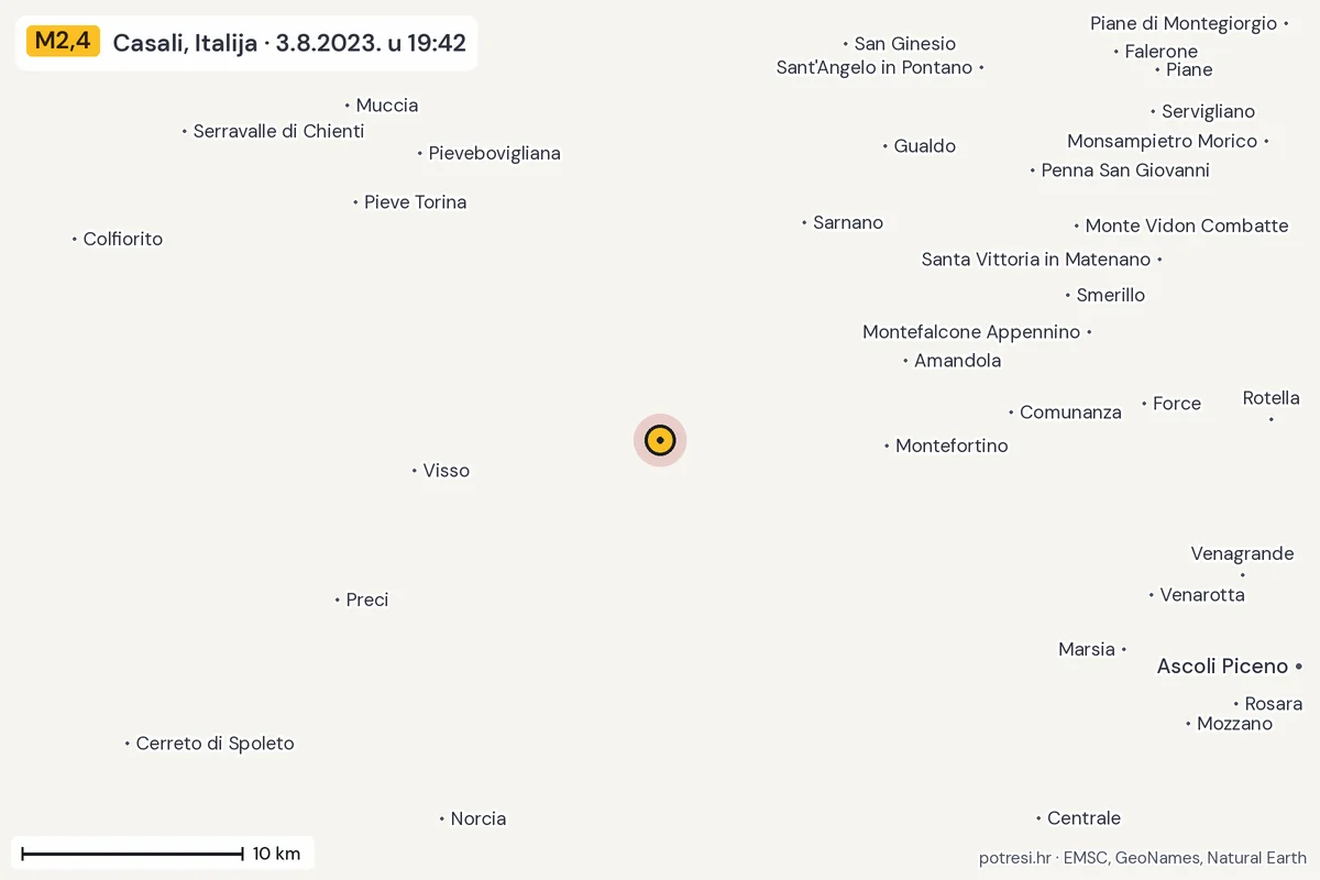 Karta: okolica epicentra, 60 km, potres M2,4, Casali, Italija, 3.8.2023.