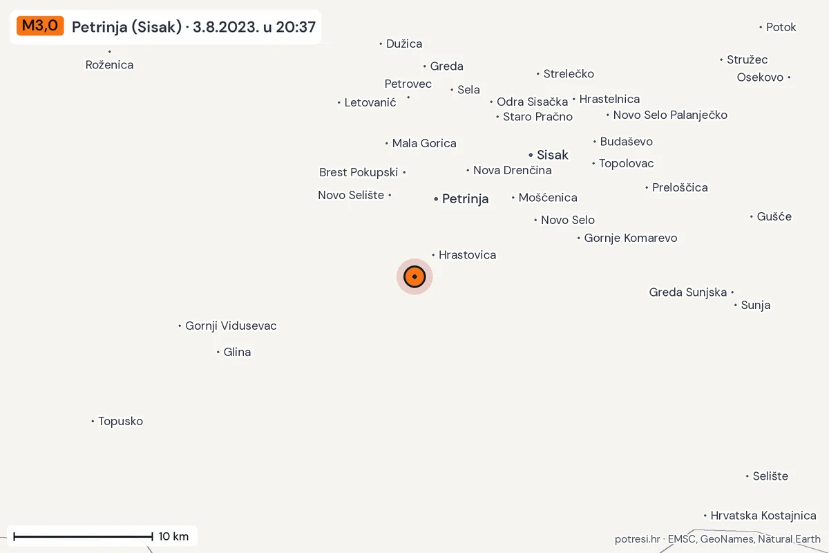 Karta: okolica epicentra, 60 km, potres M3,0, Petrinja (Sisak), 3.8.2023.