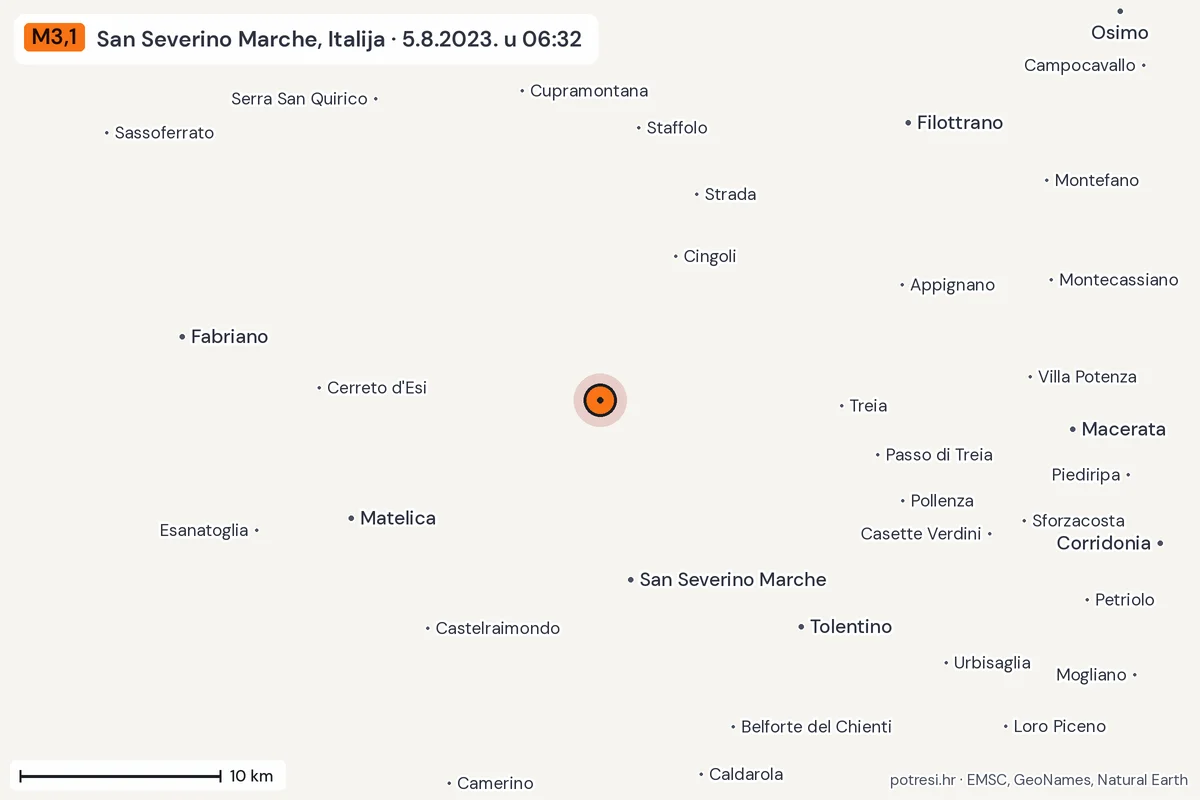 Karta: okolica epicentra, 60 km, potres M3,1, San Severino Marche, Italija, 5.8.2023.