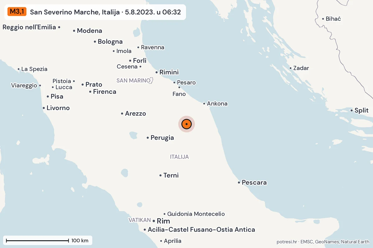 Karta: šire područje, 600 km, potres M3,1, San Severino Marche, Italija, 5.8.2023.