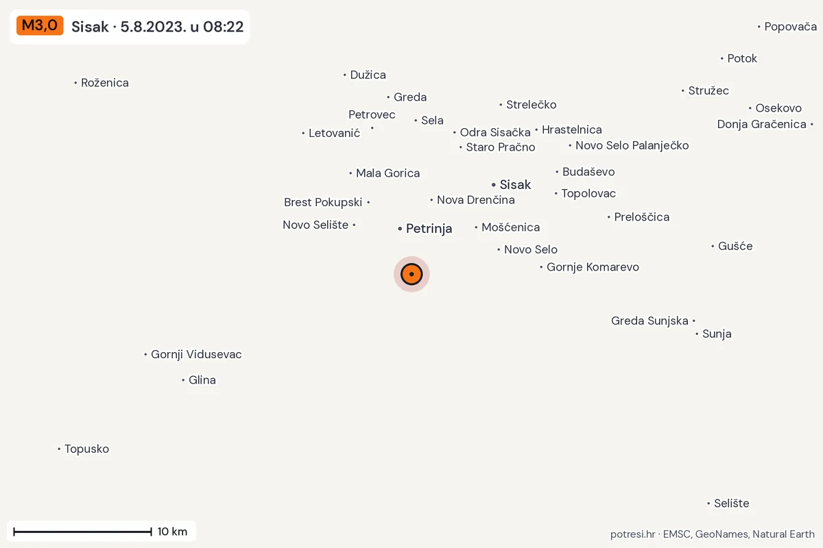 Karta: okolica epicentra, 60 km, potres M3,0, Sisak, 5.8.2023.