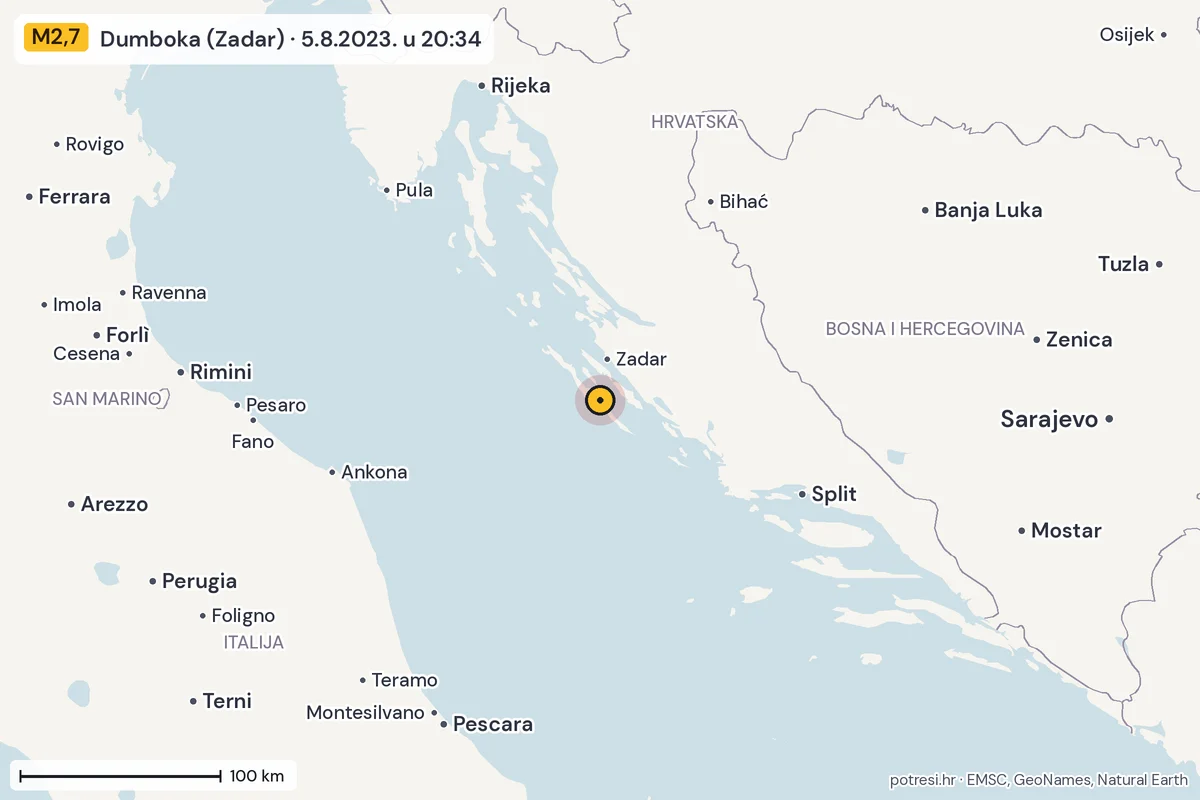 Karta: šire područje, 600 km, potres M2,7, Dumboka (Zadar), 5.8.2023.