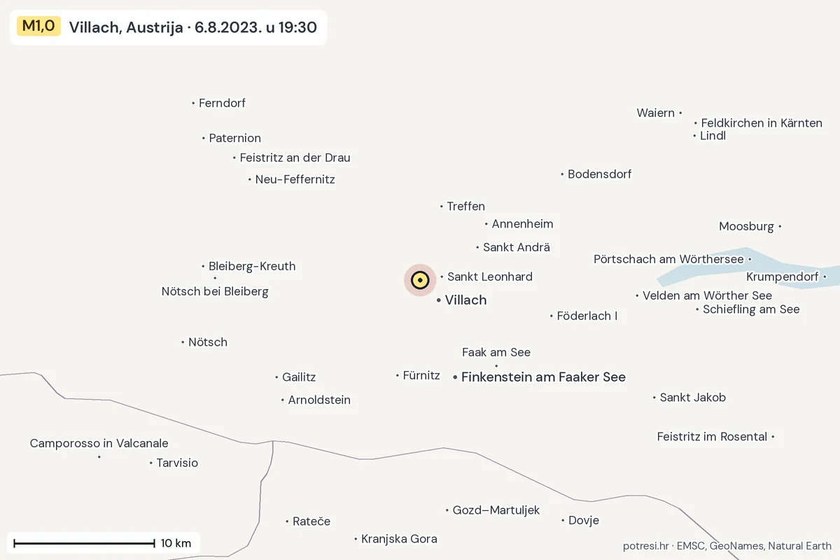 Karta: okolica epicentra, 60 km, potres M1,0, Villach, Austrija, 6.8.2023.