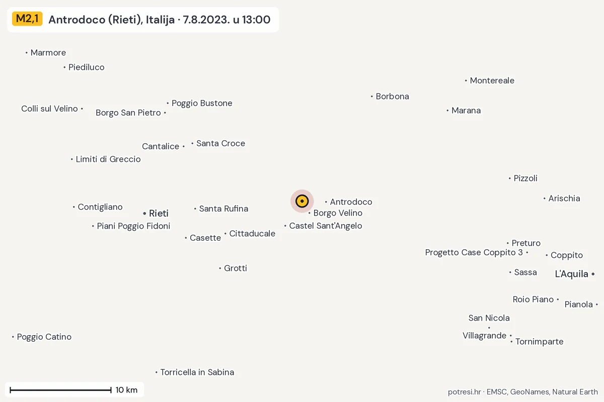 Karta: okolica epicentra, 60 km, potres M2,1, Antrodoco (Rieti), Italija, 7.8.2023.