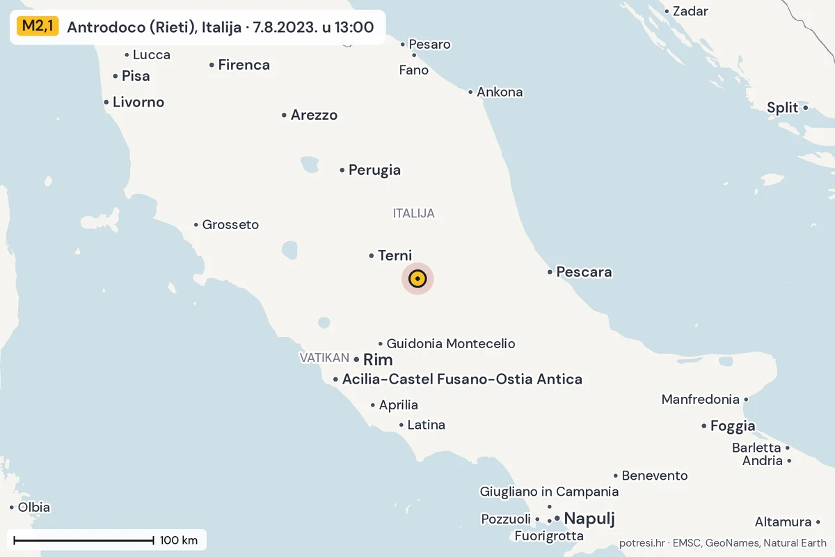 Karta: šire područje, 600 km, potres M2,1, Antrodoco (Rieti), Italija, 7.8.2023.