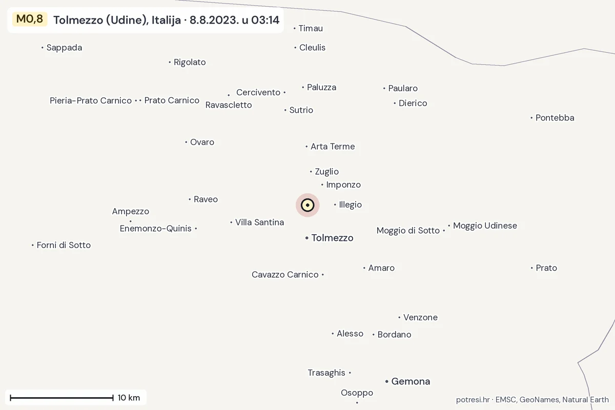 Karta: okolica epicentra, 60 km, potres M0,8, Tolmezzo (Udine), Italija, 8.8.2023.