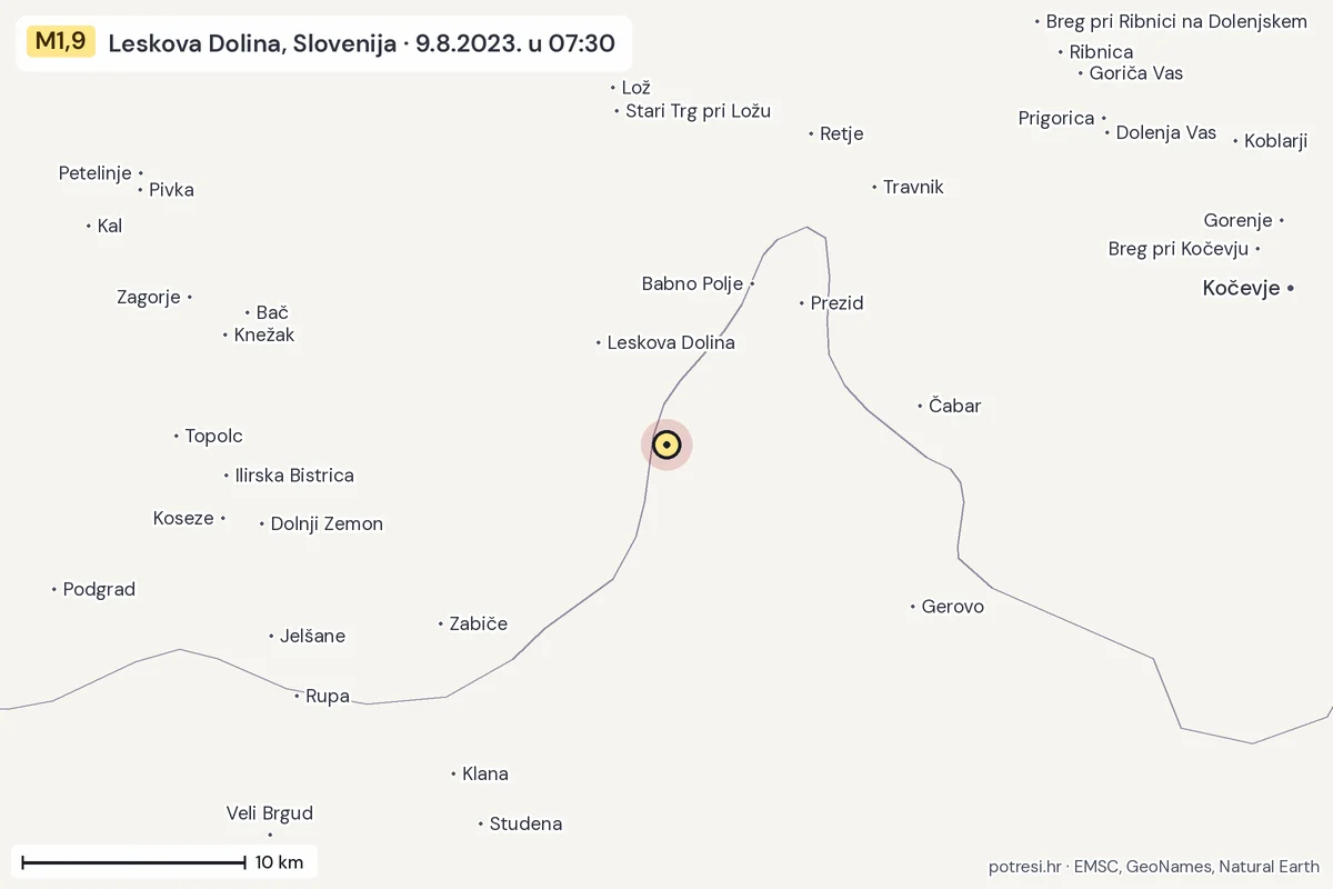 Karta: okolica epicentra, 60 km, potres M1,9, Leskova Dolina, Slovenija, 9.8.2023.