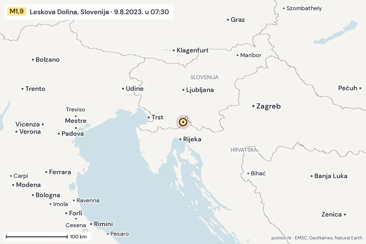Karta: šire područje, 600 km, potres M1,9, Leskova Dolina, Slovenija, 9.8.2023.
