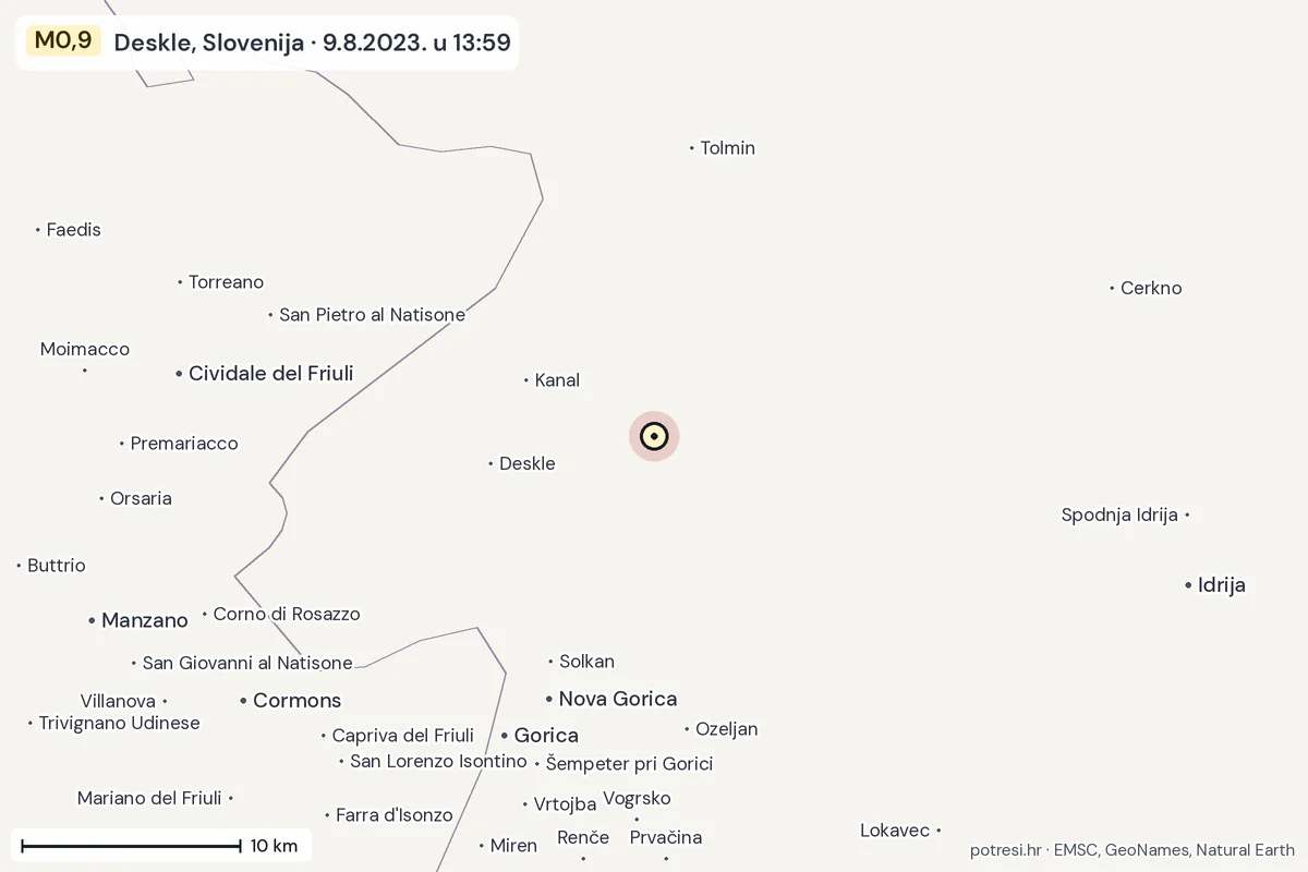 Karta: okolica epicentra, 60 km, potres M0,9, Deskle, Slovenija, 9.8.2023.