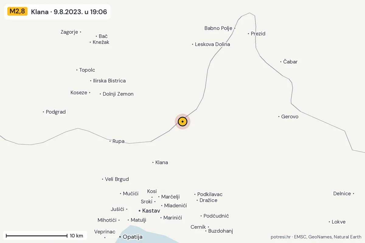 Karta: okolica epicentra, 60 km, potres M2,8, Klana, 9.8.2023.