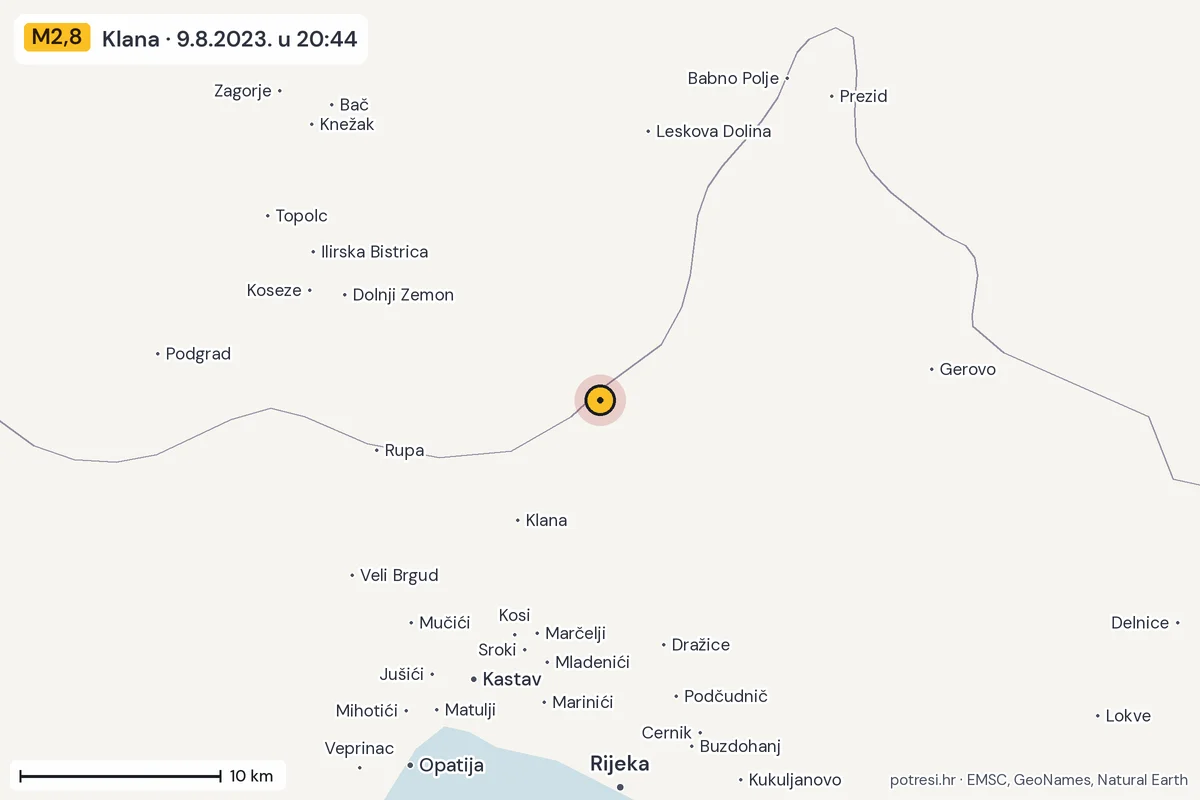 Karta: okolica epicentra, 60 km, potres M2,8, Klana, 9.8.2023.