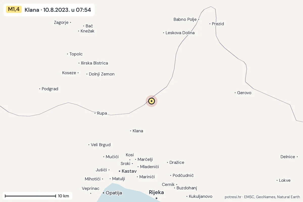 Karta: okolica epicentra, 60 km, potres M1,4, Klana, 10.8.2023.