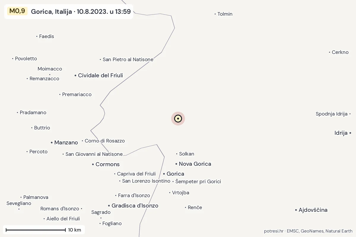 Karta: okolica epicentra, 60 km, potres M0,9, Gorica, Italija, 10.8.2023.