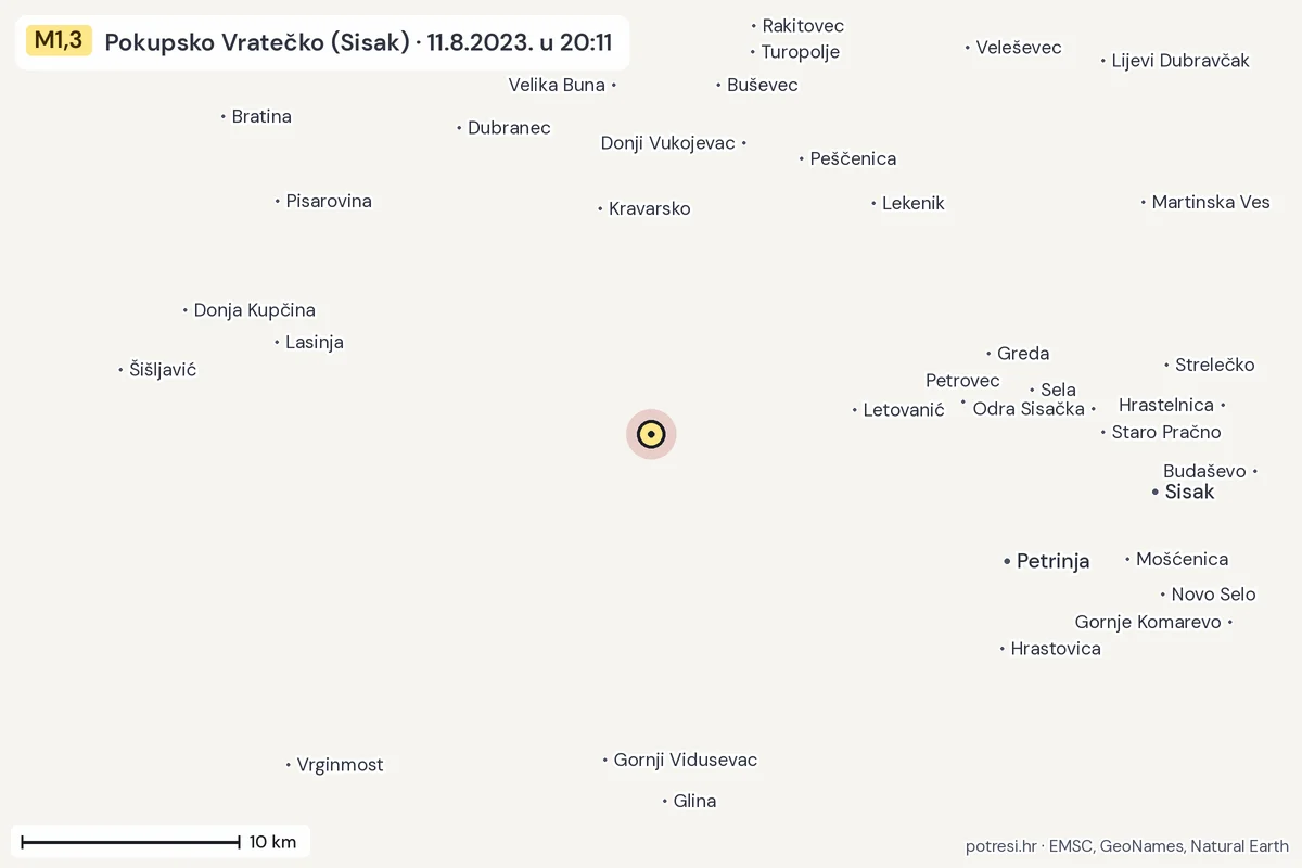 Karta: okolica epicentra, 60 km, potres M1,3, Pokupsko Vratečko (Sisak), 11.8.2023.