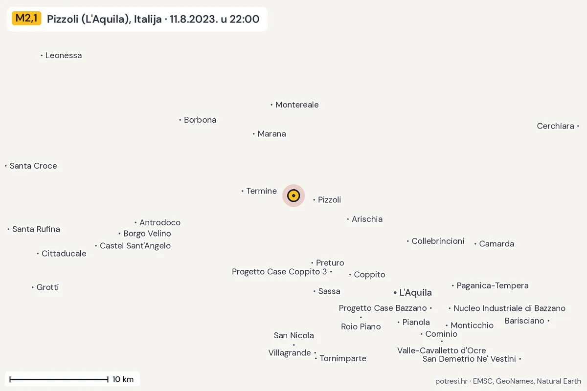 Karta: okolica epicentra, 60 km, potres M2,1, Pizzoli (L'Aquila), Italija, 11.8.2023.