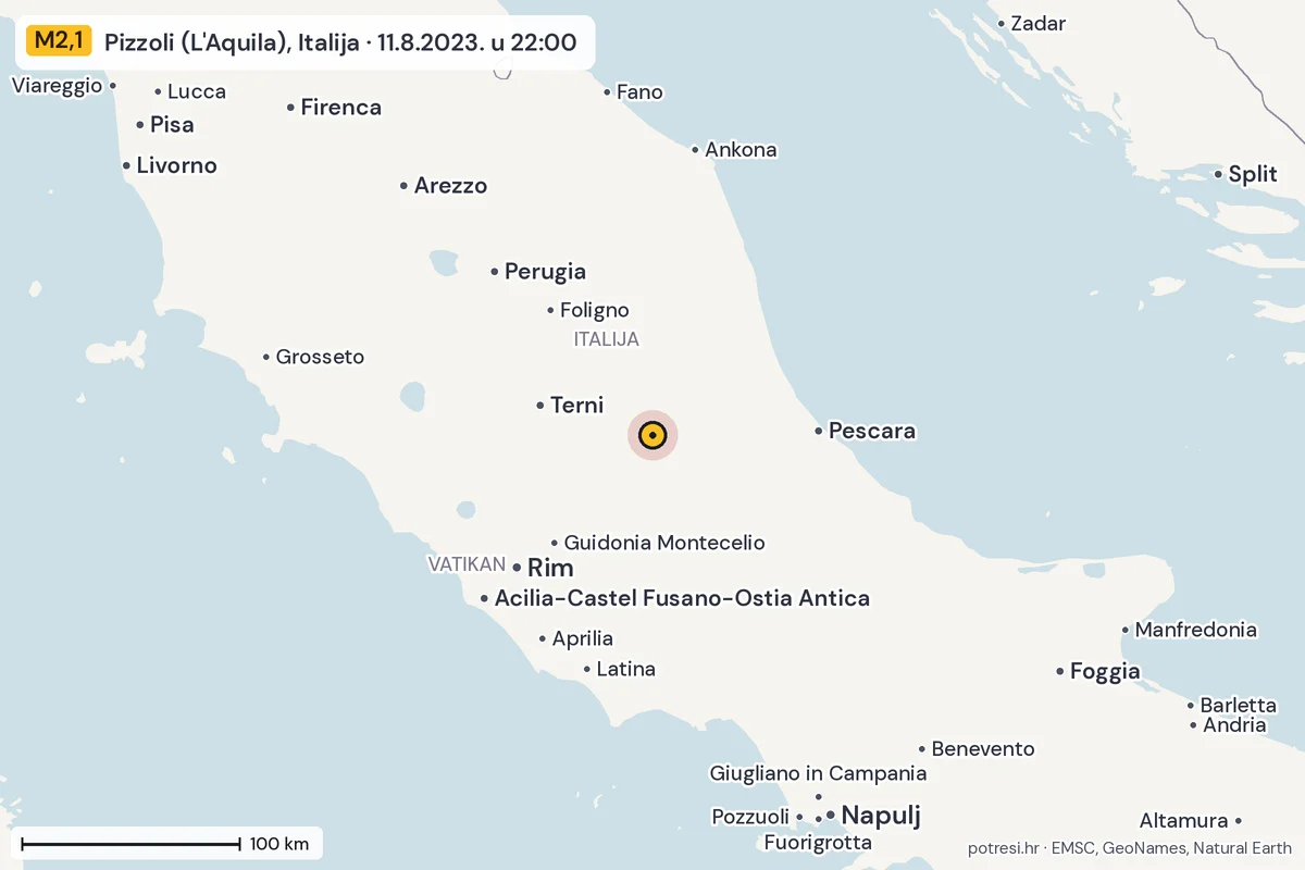 Karta: šire područje, 600 km, potres M2,1, Pizzoli (L'Aquila), Italija, 11.8.2023.