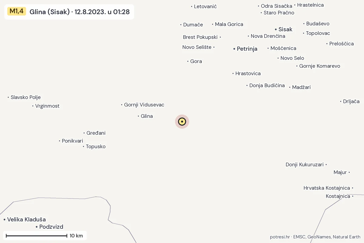 Karta: okolica epicentra, 60 km, potres M1,4, Glina (Sisak), 12.8.2023.