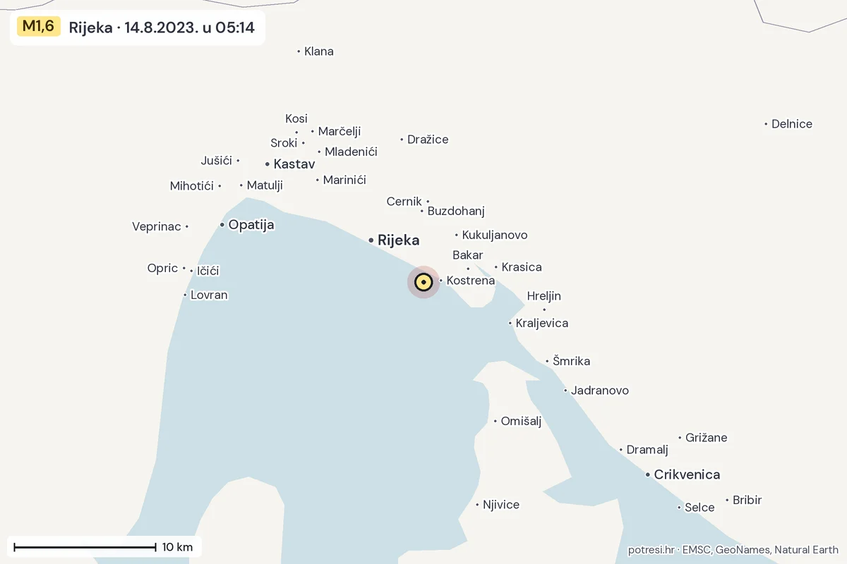 Karta: okolica epicentra, 60 km, potres M1,6, Rijeka, 14.8.2023.