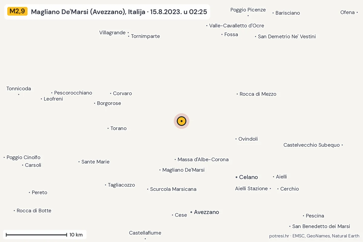 Karta: okolica epicentra, 60 km, potres M2,9, Magliano De'Marsi (Avezzano), Italija, 15.8.2023.