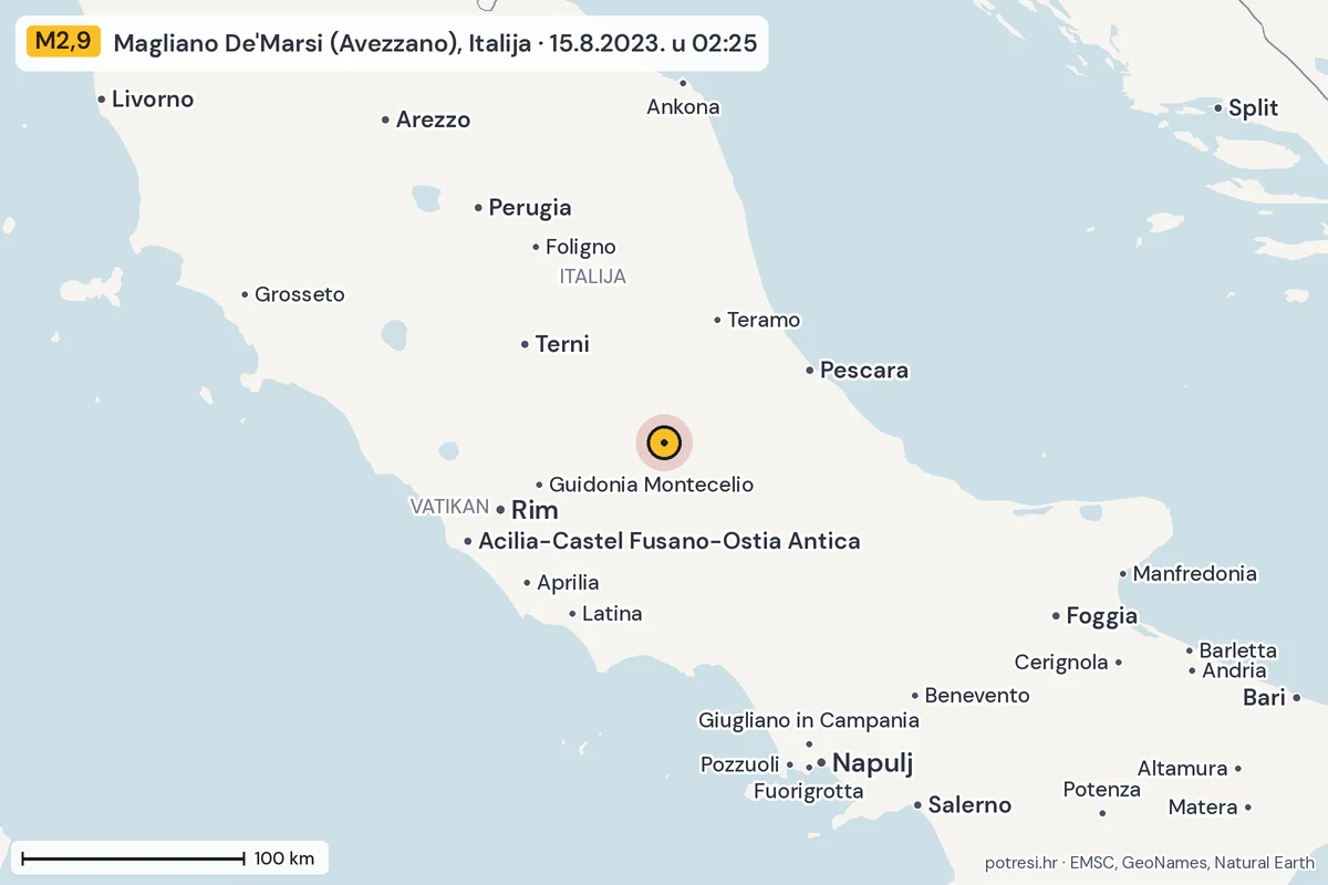Karta: šire područje, 600 km, potres M2,9, Magliano De'Marsi (Avezzano), Italija, 15.8.2023.