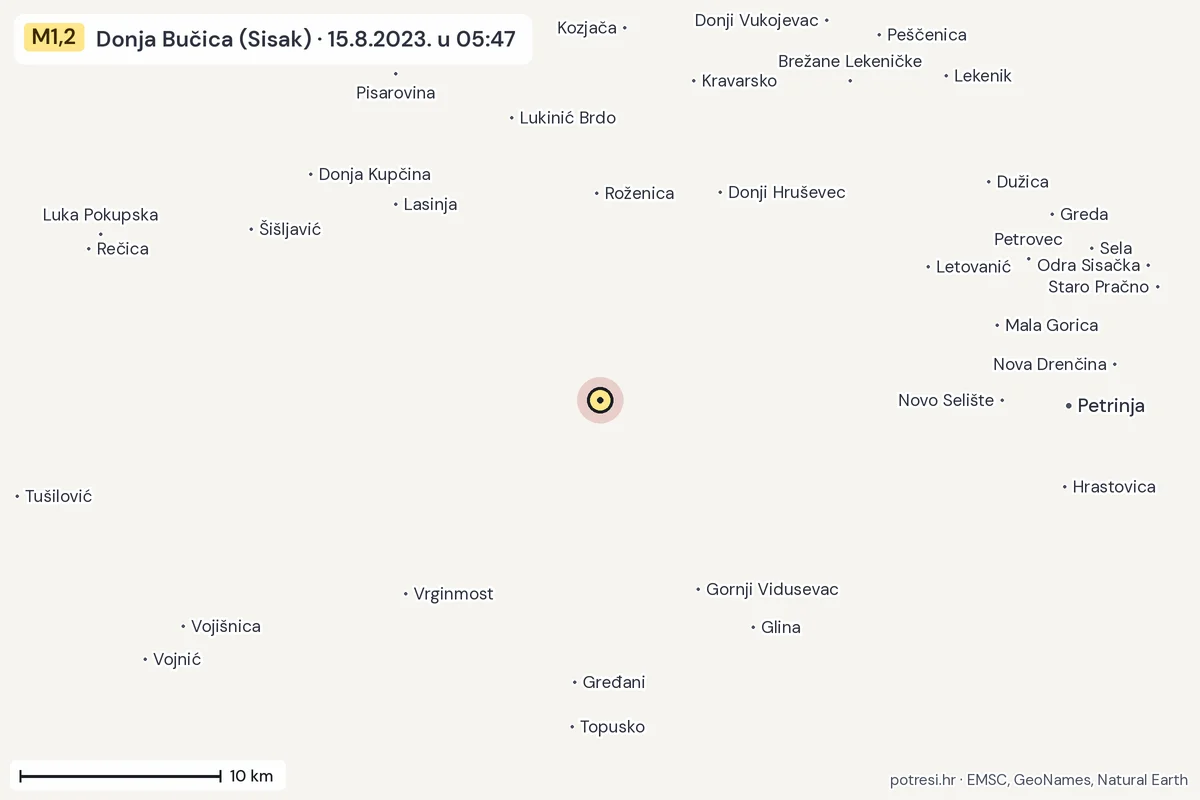 Karta: okolica epicentra, 60 km, potres M1,2, Donja Bučica (Sisak), 15.8.2023.