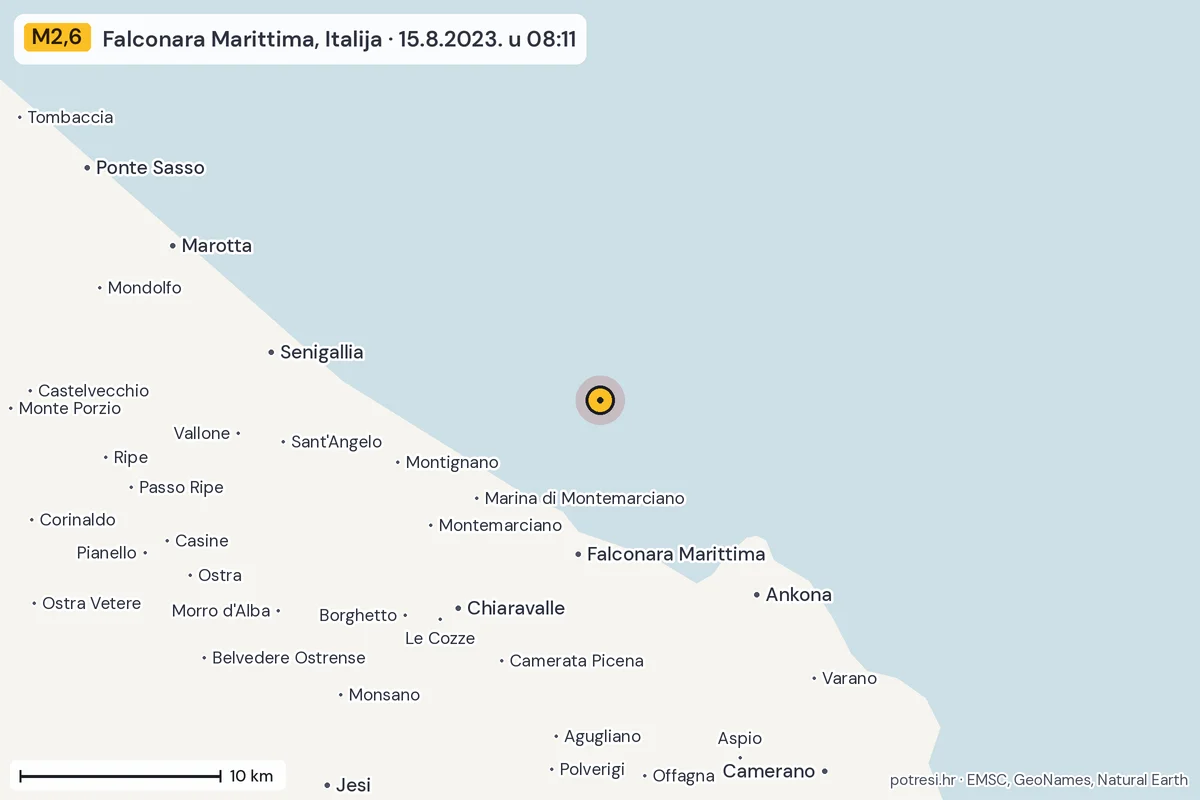 Karta: okolica epicentra, 60 km, potres M2,6, Falconara Marittima, Italija, 15.8.2023.