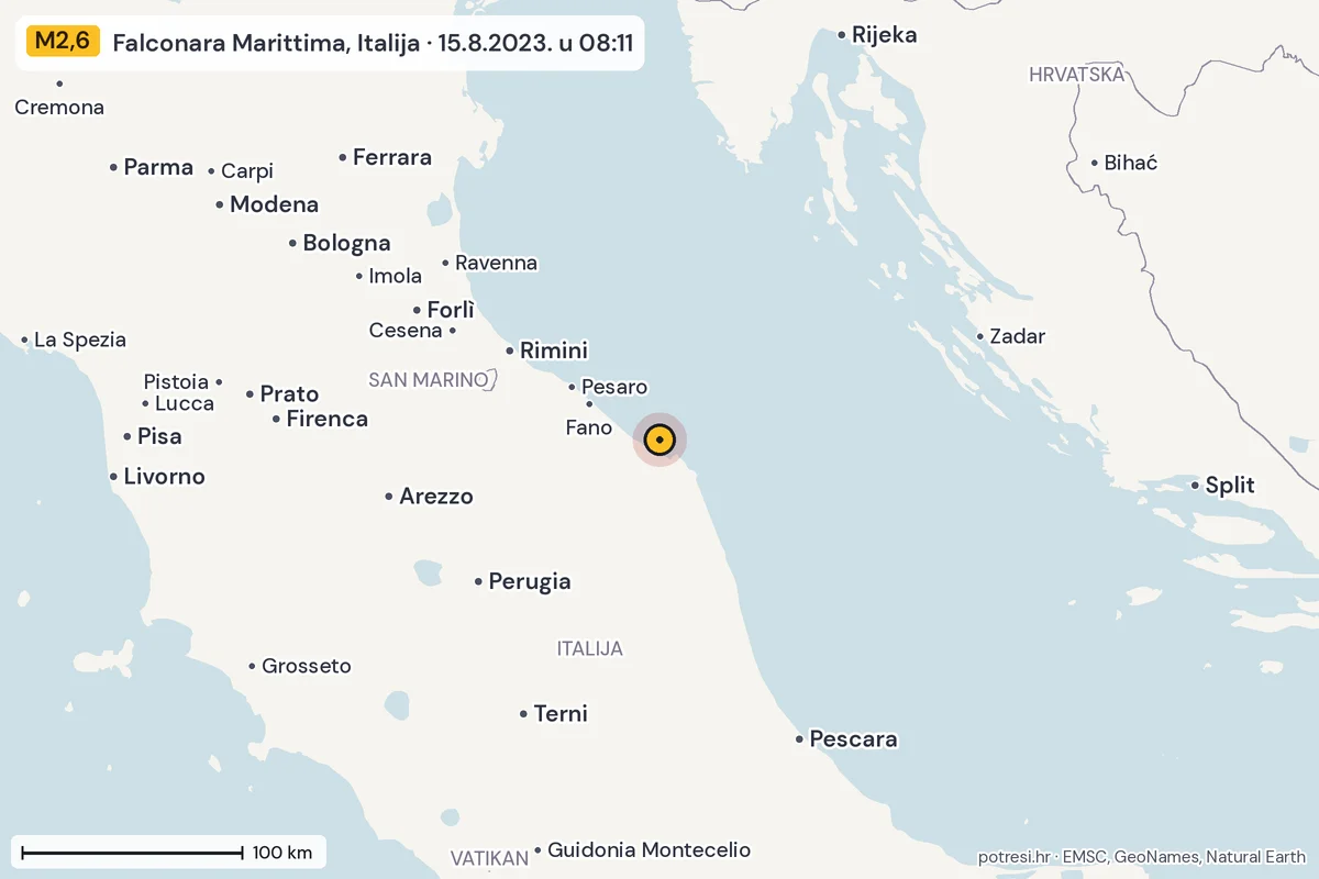 Karta: šire područje, 600 km, potres M2,6, Falconara Marittima, Italija, 15.8.2023.