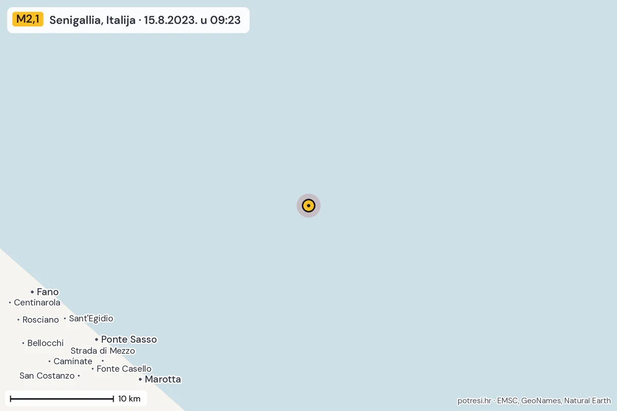 Karta: okolica epicentra, 60 km, potres M2,1, Senigallia, Italija, 15.8.2023.