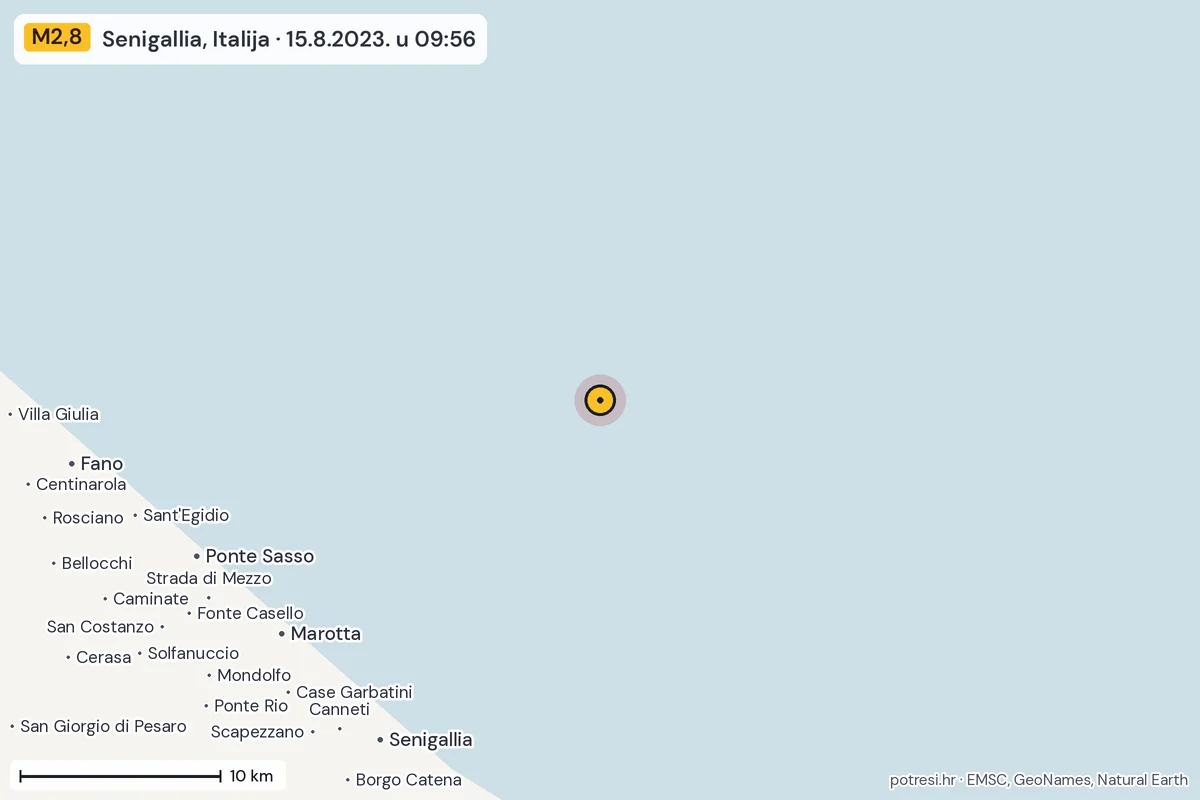Karta: okolica epicentra, 60 km, potres M2,8, Senigallia, Italija, 15.8.2023.