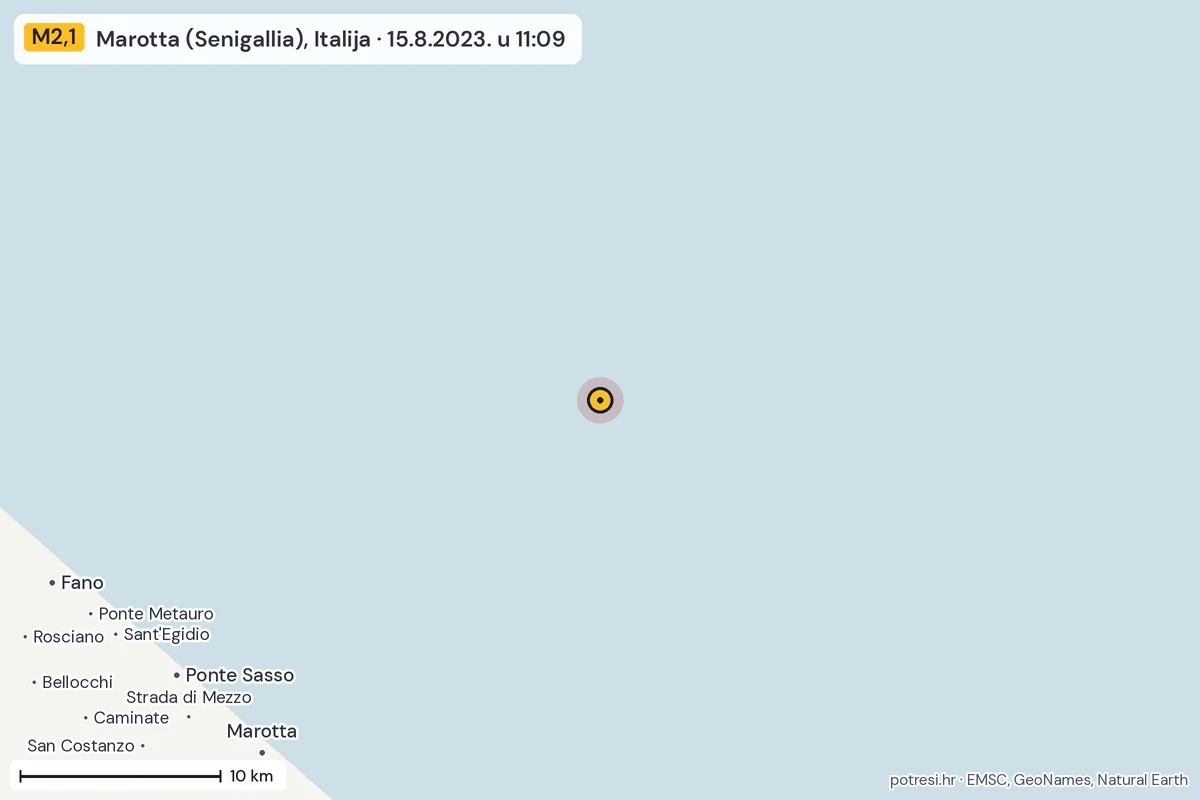 Karta: okolica epicentra, 60 km, potres M2,1, Marotta (Senigallia), Italija, 15.8.2023.