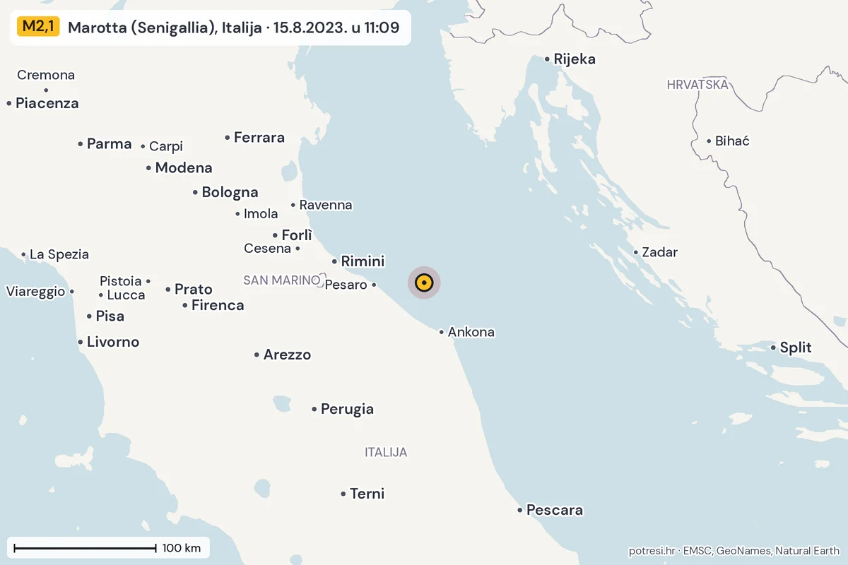 Karta: šire područje, 600 km, potres M2,1, Marotta (Senigallia), Italija, 15.8.2023.
