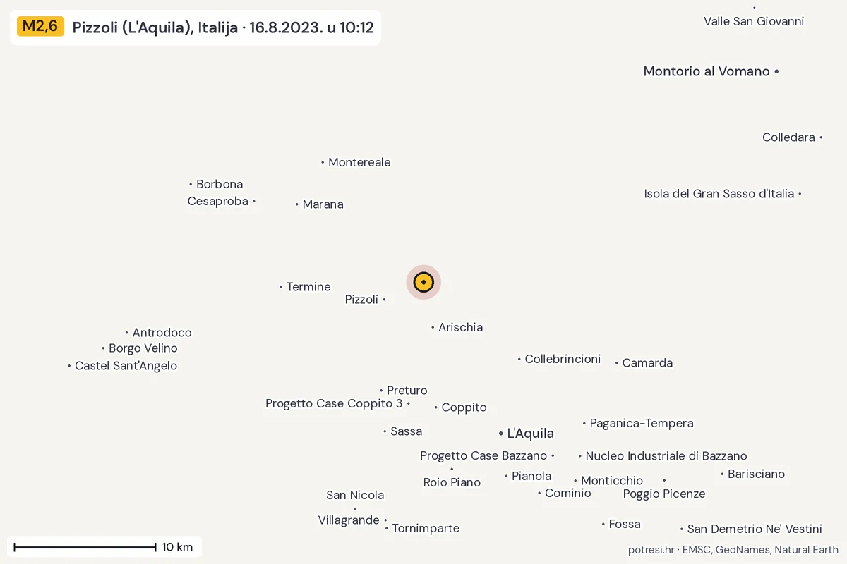 Karta: okolica epicentra, 60 km, potres M2,6, Pizzoli (L'Aquila), Italija, 16.8.2023.