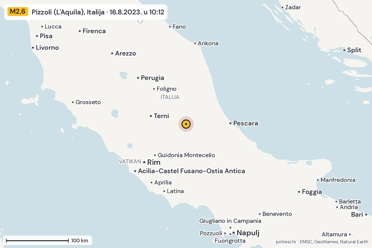Karta: šire područje, 600 km, potres M2,6, Pizzoli (L'Aquila), Italija, 16.8.2023.