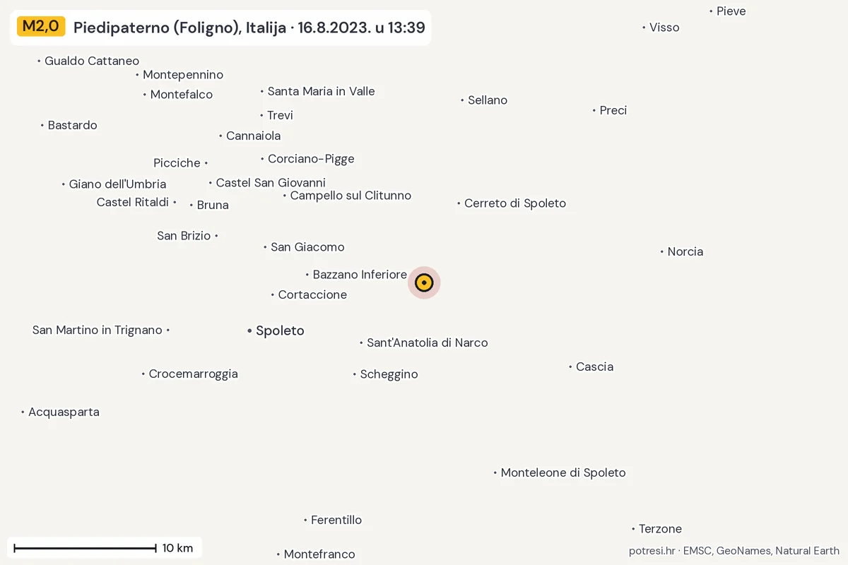 Karta: okolica epicentra, 60 km, potres M2,0, Piedipaterno (Foligno), Italija, 16.8.2023.
