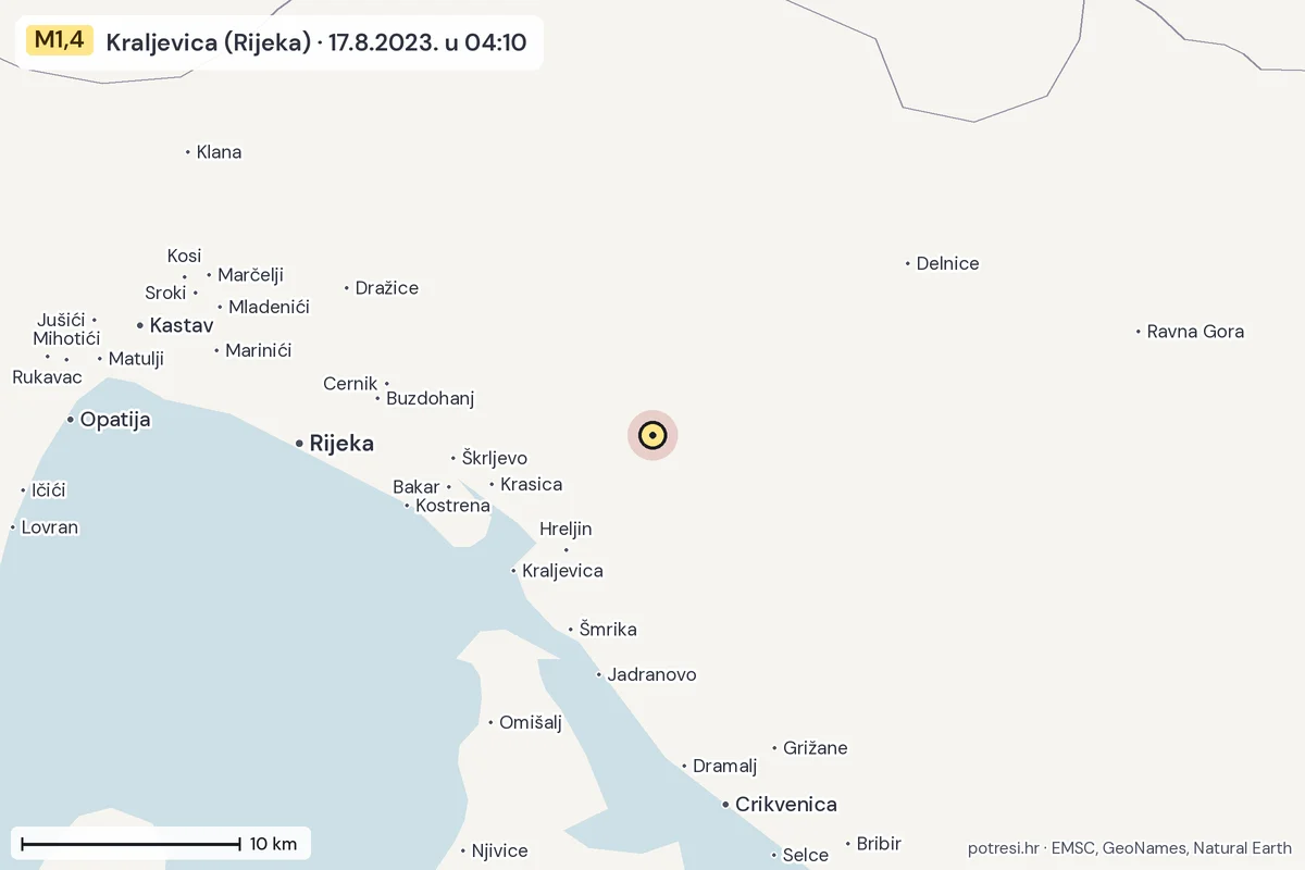 Karta: okolica epicentra, 60 km, potres M1,4, Kraljevica (Rijeka), 17.8.2023.
