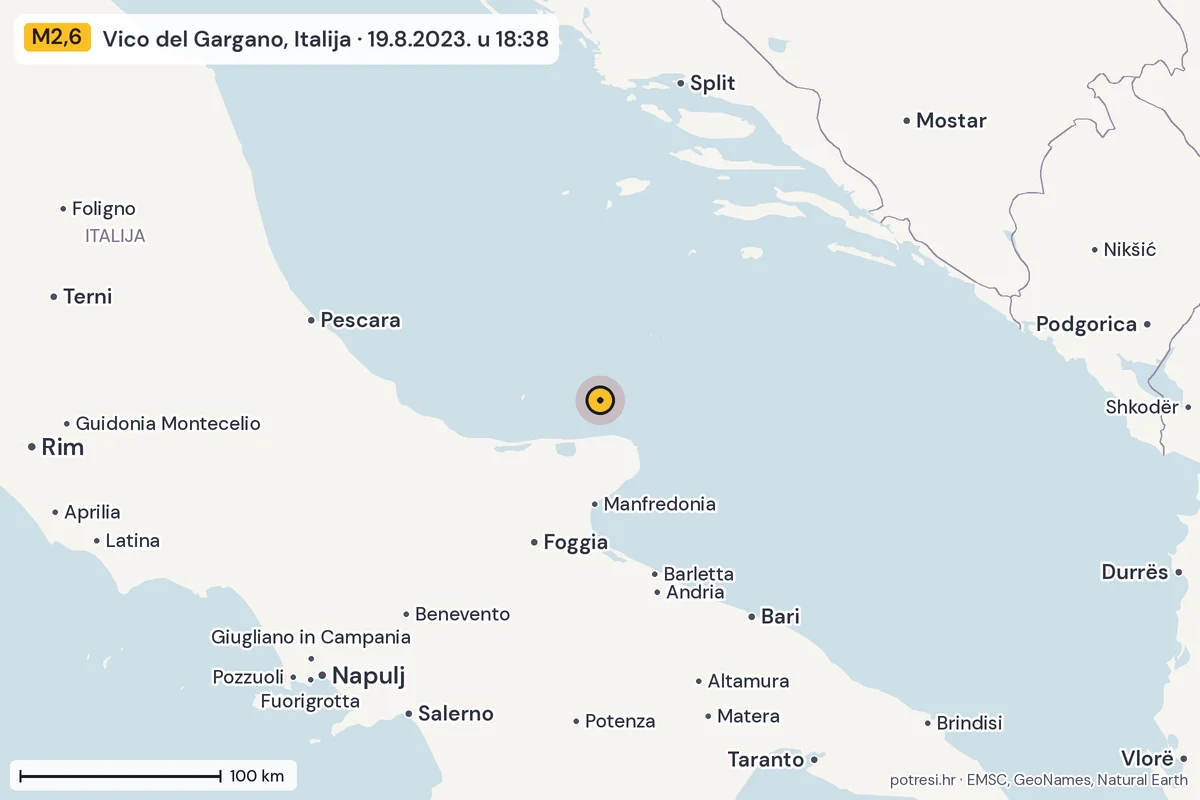 Karta: šire područje, 600 km, potres M2,6, Vico del Gargano, Italija, 19.8.2023.