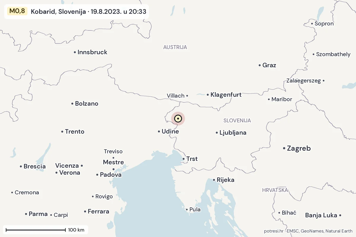Karta: šire područje, 600 km, potres M0,8, Kobarid, Slovenija, 19.8.2023.