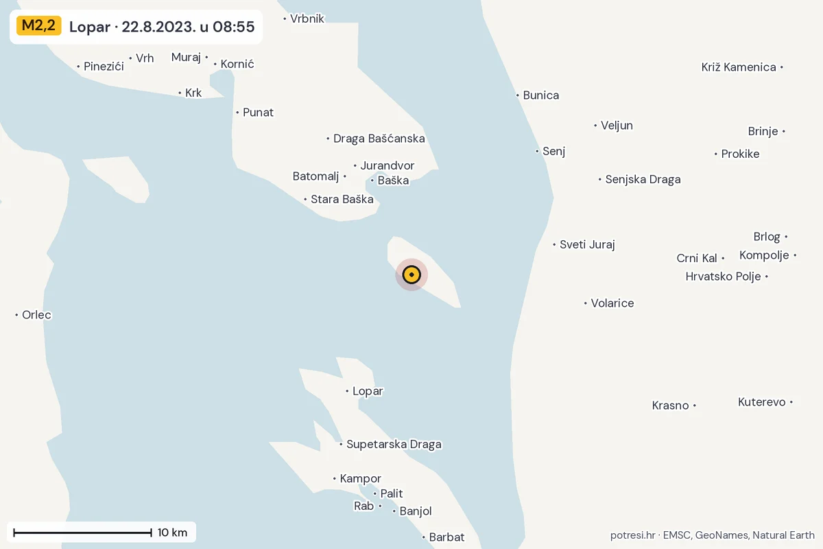 Karta: okolica epicentra, 60 km, potres M2,2, Lopar, 22.8.2023.