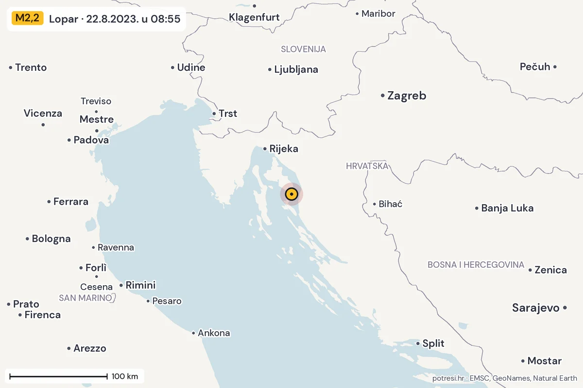 Karta: šire područje, 600 km, potres M2,2, Lopar, 22.8.2023.