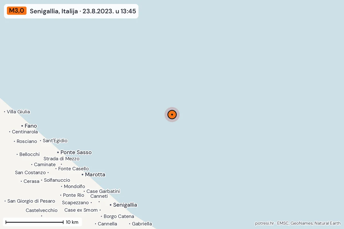 Karta: okolica epicentra, 60 km, potres M3,0, Senigallia, Italija, 23.8.2023.