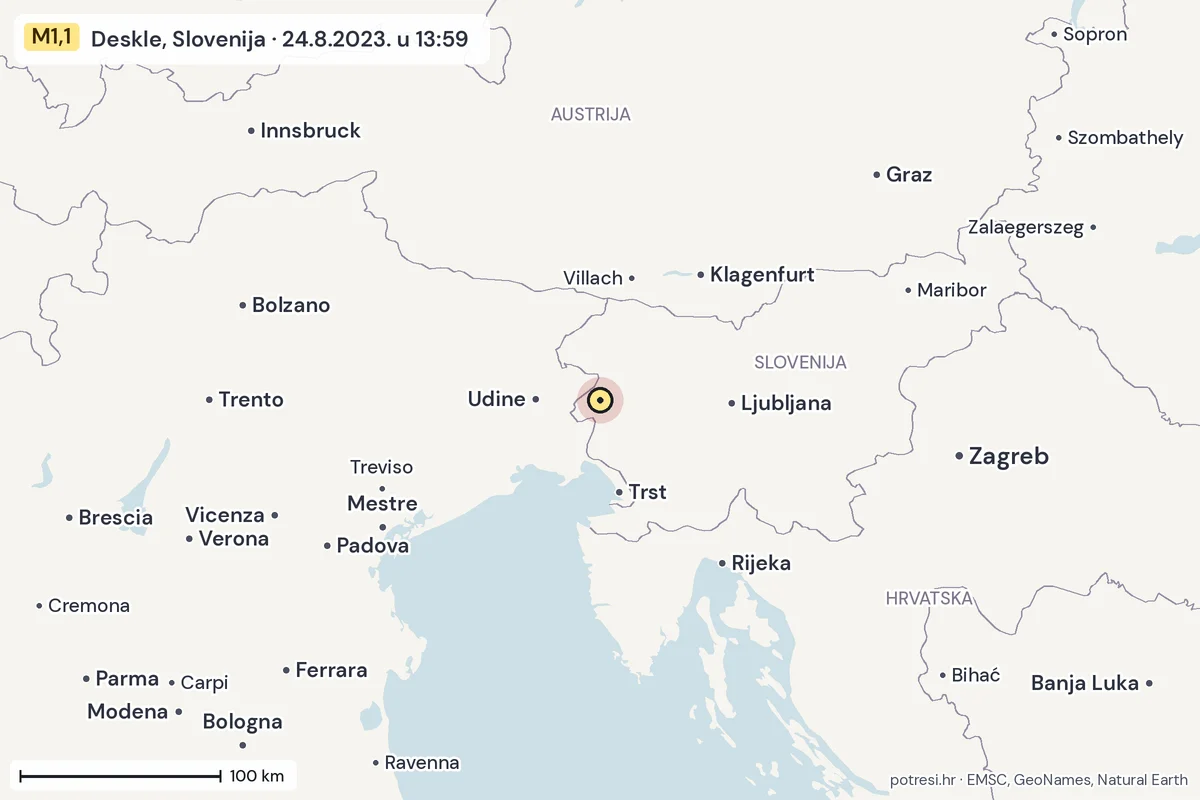 Karta: šire područje, 600 km, potres M1,1, Deskle, Slovenija, 24.8.2023.