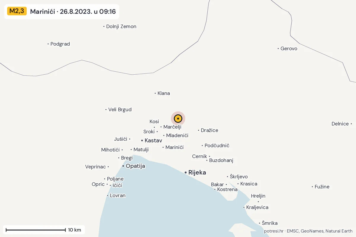 Karta: okolica epicentra, 60 km, potres M2,3, Marinići, 26.8.2023.