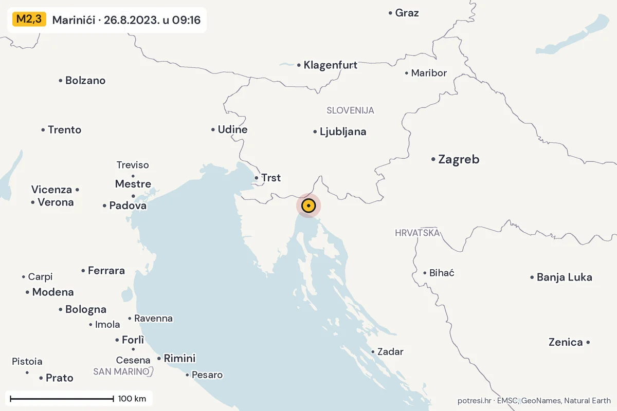 Karta: šire područje, 600 km, potres M2,3, Marinići, 26.8.2023.