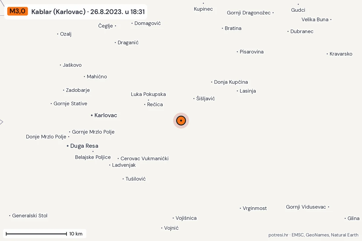 Karta: okolica epicentra, 60 km, potres M3,0, Kablar (Karlovac), 26.8.2023.