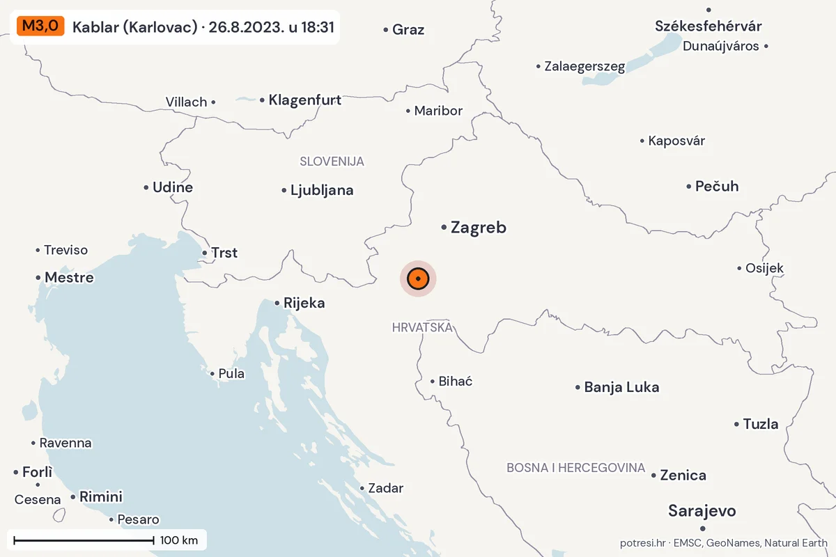 Karta: šire područje, 600 km, potres M3,0, Kablar (Karlovac), 26.8.2023.