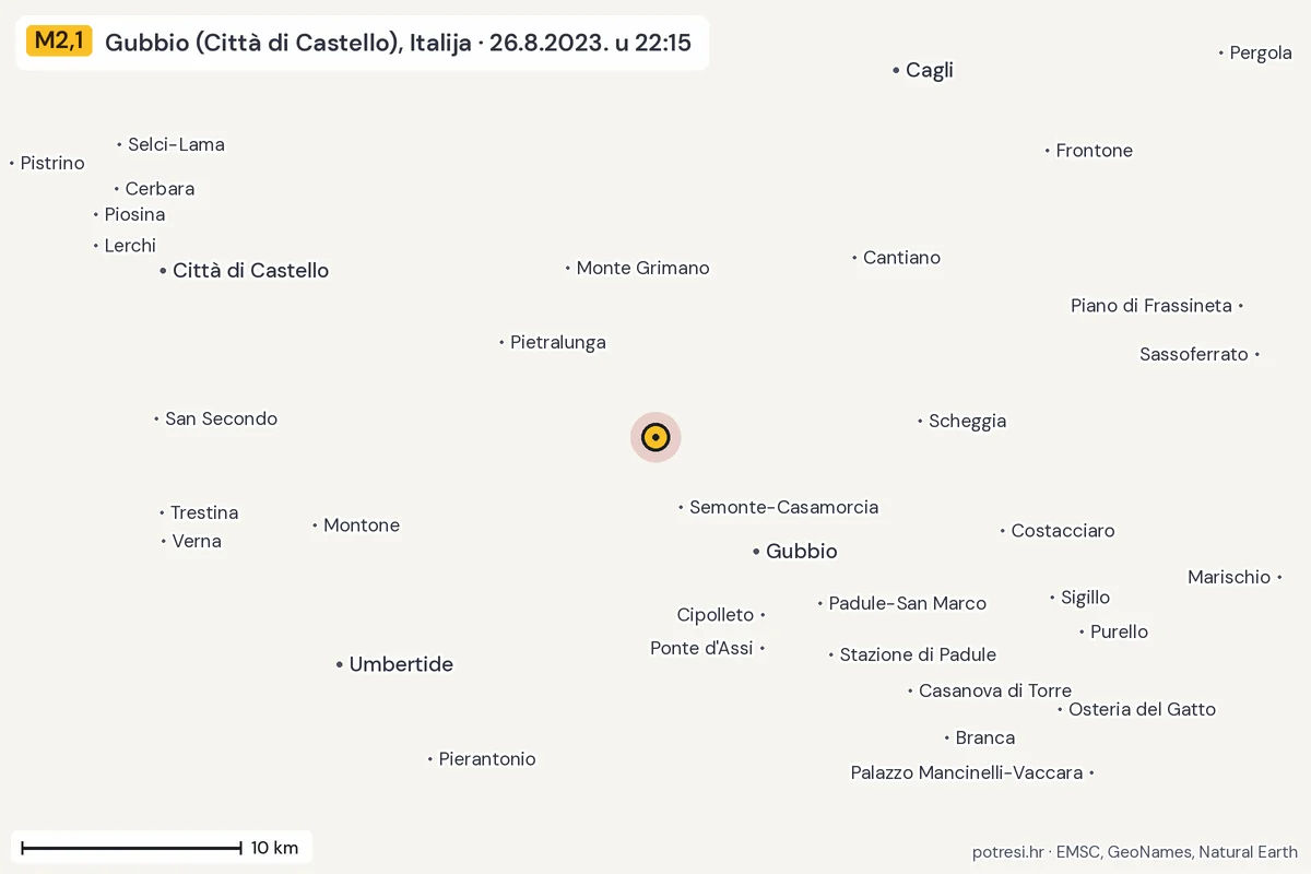 Karta: okolica epicentra, 60 km, potres M2,1, Gubbio (Città di Castello), Italija, 26.8.2023.