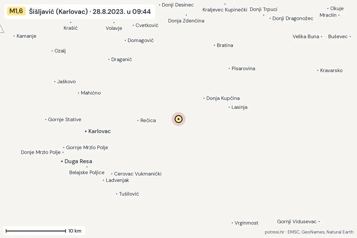 Karta: okolica epicentra, 60 km, potres M1,6, Šišljavić (Karlovac), 28.8.2023.